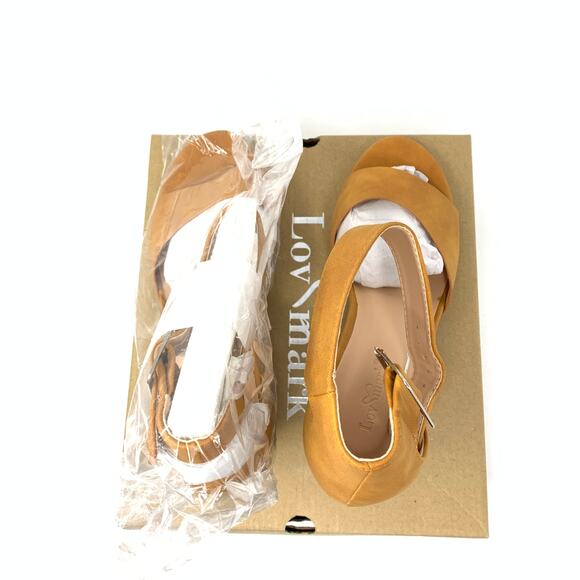 LovMark Sandal Women's Sz 8.5 Stellar Open Toe Heeled Faux Suede Ankle Strap Tan - Picture 7 of 9